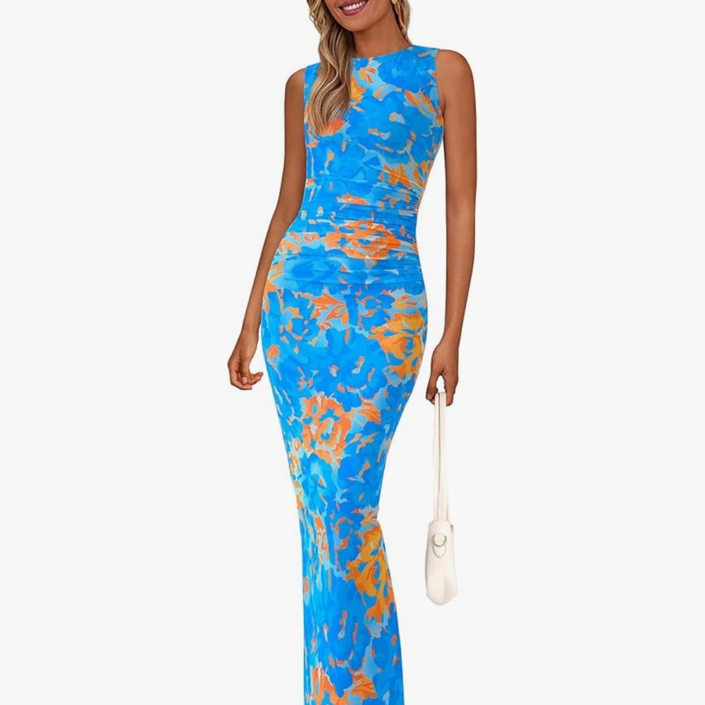 Elegant Blue and Orange Sleeveless Maxi Dress